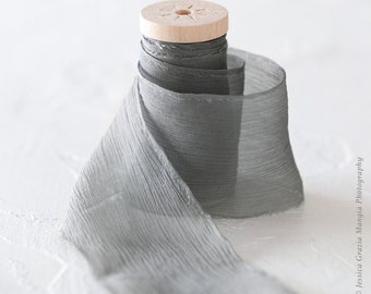 Dove Grey | Crinkle Silk Ribbon | 100% Silk Chiffon | Light Grey Wedding bridal bouquet, invitations, wedding favors