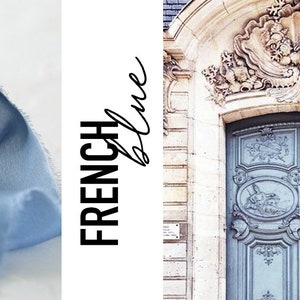 May include: A spool of light blue silk ribbon with a wooden centre. The ribbon is unfurled and draped over the spool. The text "French Blue" is written in black on a white background.