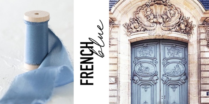 May include: A spool of light blue silk ribbon with a wooden centre. The ribbon is unfurled and draped over the spool. The text "French Blue" is written in black on a white background.