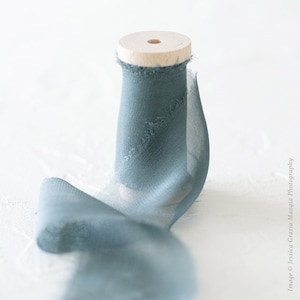Dusty Blue | Sheer Silk Ribbon | 100% Silk Chiffon | Hand ripped; blue Wedding bridal bouquet, invitations, favors, wedding styling