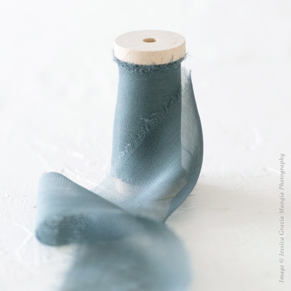 Dusty Blue | Sheer Silk Ribbon | 100% Silk Chiffon | Hand ripped; blue Wedding bridal bouquet, invitations, favors, wedding styling