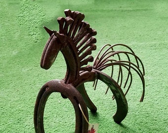 Recycled Horseshoe Horse Sculpture: Equestrian Metal Art