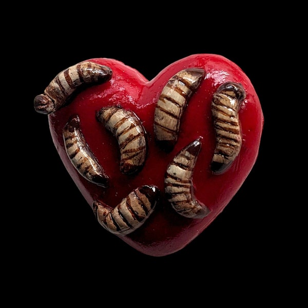 Heart of Maggots brooch (red) | Handmade horror pin in creepy halloween style - multiple colours (MADE TO ORDER)