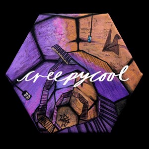 May include: A purple and orange abstract painting of a room with a spiral staircase and the text "creepycool" written in white.
