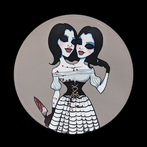 May include: A painting of two conjoined women with blue eyes and red lips. They are wearing a white dress with black and white stripes and a brown corset. The woman on the left is holding a bloody knife.