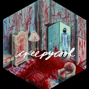 May include: An illustration of a room with blood splatters on the walls, furniture, and floor. A person in a hazmat suit stands in a doorway. The word "creepy cool" is written in white cursive across the image.