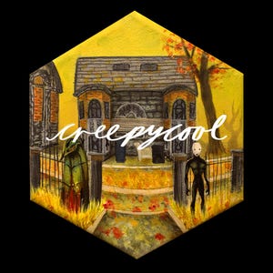 May include: A painting of a creepy house with a yellow background. The house is made of stone and has a dark, ominous feel. There is a figure standing in front of the house, and the text "creepy cool" is written across the image.