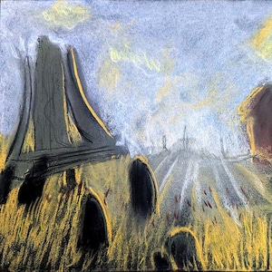 May include: A painting of a dark gray building with a yellow field in the foreground. The sky is a light blue with white clouds. The building is tall and narrow, with a pointed roof. The field is covered in tall, yellow grass. The sky is bright and sunny.