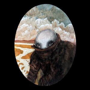 May include: Oval painting featuring a figure with a pale, bald head and dark eyes peeking out from a brown garment. The background depicts a cloudy sky and a landscape with shades of orange and white.