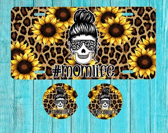 Car Accessories,Sunflower Personalized Plate and Frame,Leopard License Plate Sunflower Leopard License Plate Custom Tag,Coasters Key chain