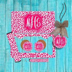 Hot Pink and White Cheetah Leopard Personalized License Plate and Car Coasters, Personalized, Custom Tag, License Plate for women, Monogram