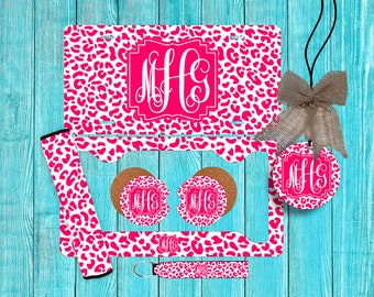 Hot Pink and White Cheetah Leopard Personalized License Plate and Car Coasters, Personalized, Custom Tag, License Plate for women, Monogram