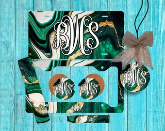 Green and Gold Marble Personalized License Plate and Car Coasters, Personalized, Custom Car Tag, License Plate for women, Monogram