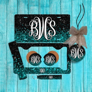 May include: A set of teal and black glitter car accessories featuring the monogram "BWS". The set includes a license plate holder, two coasters, a key chain, and a car air freshener.
