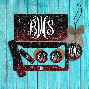 Black and Burgundy Glitter(EFFECT)Personalized License Plate and Accessories,Personalized, Custom Car Tag, License Plate for women, Monogram