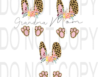 Design floral de orelhas e pés de coelhinho da Páscoa | Orelhas de coelho | Arquivo Digital | PNG | Projeto de Páscoa | Estampa leopardo | Estampa de chita