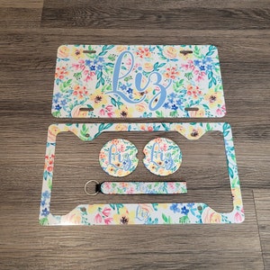 Multi-color Floral Personalized License Plate and Car Coasters, Personalized, Custom Car Tag, License Plate for women, Monogram