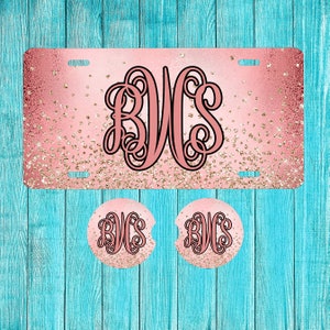 Rose Gold Glitter Personalized License Plate and Accessories, Personalized car tag, Custom Car Tag, Plates for women, Monogram