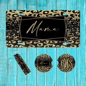 Black and Gold Cheetah Glitter (effect) Personalized License Plate and Accessories, Personalized car tag, Custom, License Plate, Monogram