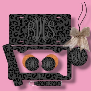 Dark Gray/Green/Blue Cheetah Leopard Personalized License Plate and Car Coasters, Personalized, Custom Car Tag,for women, monogram