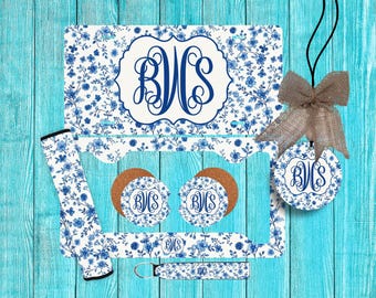 Blue Floral Vintage Personalized License Plate and Accessories, Custom Car Tag, License Plate for women, Monogram