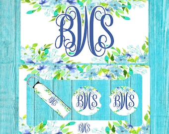 Blue Floral Personalized License Plate and Car Coasters, Personalized, Custom Car Tag, License Plate for women, Monogram