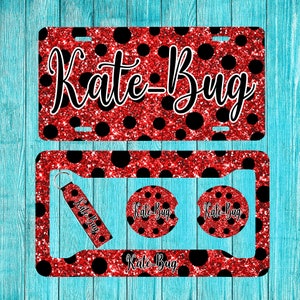 Red and Black Polka Dot Glitter Personalized License Plate and Car Coasters, Personalized, Custom Car Tag, License Plate for women, Monogram