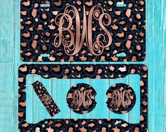 Blue and Rose Gold Cheetah Print Personalized License Plate and Accessories, Personalized car tag, Custom Car Tag, for women, Monogram