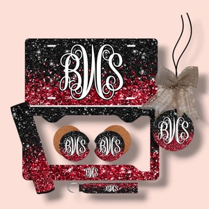 Black and Red Glitter (EFFECT) Personalized License Plate and Accessories,Personalized, Custom Car Tag, License Plate for women, Monogram