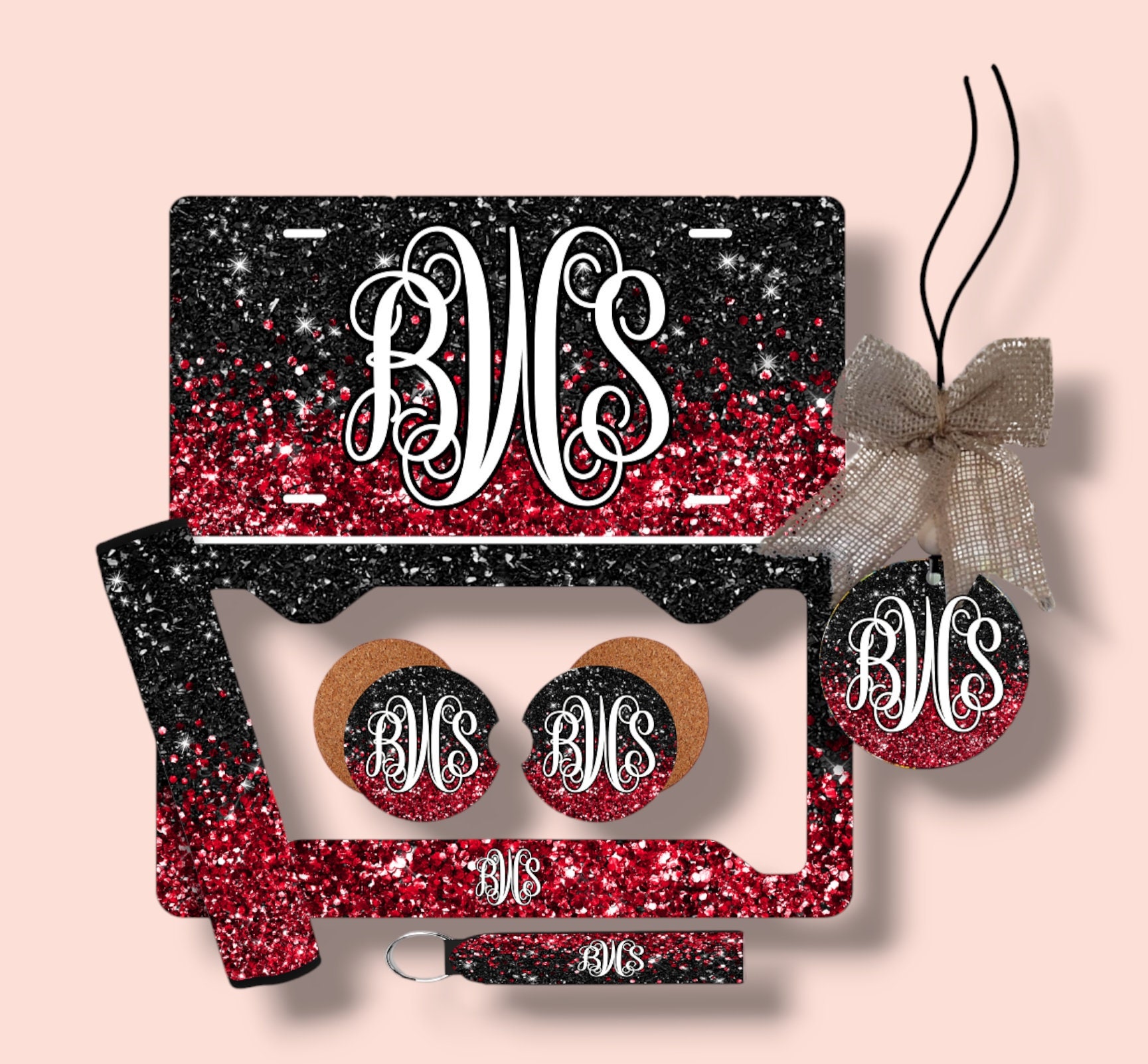 Black and Red Glitter (EFFECT) Personalized License Plate and Accessories,Personalized, Custom Car Tag, License Plate for women, Monogram
