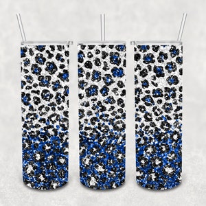 Blue and Silver Glitter Leopard Print Skinny Tumbler Sublimation Design | Digital File | PNG | Resize to fit any tumbler |