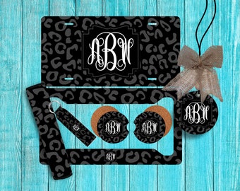 Black/Dark Gray/ Green Cheetah Leopard Personalized License Plate and Car Coasters, Personalized, Custom Car Tag, Plate for women,Monogram