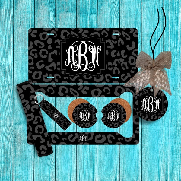 Black/Dark Gray Cheetah Leopard Personalized License Plate and Car Coasters, Personalized, Custom Car Tag,License Plate for women,Monogram