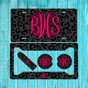 Dark Gray/Green/Blue Cheetah Leopard Personalized License Plate and Car Coasters, Personalized, Custom Car Tag,for women, Monogram