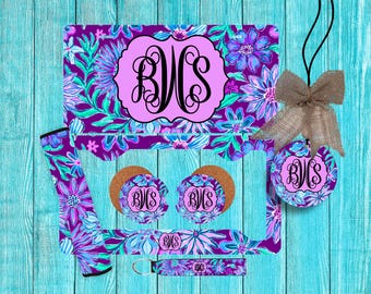Preppy Floral Purple/Blue Personalized License Plate and Car Coasters, Personalized, Custom Car Tag, for women, monogram