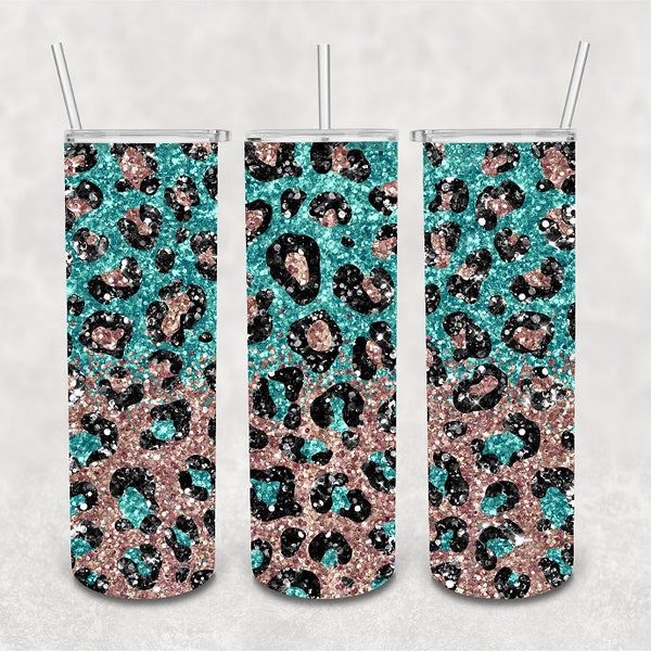 Turquoise and Rose Gold Glitter Leopard Print Skinny Tumbler Sublimation Design | Digital File | PNG | Resize to fit any tumbler |