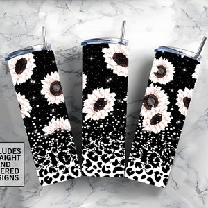 Sunflowers Tumbler Designs, Glitter Leopard 20oz Skinny Tumbler Wrap, Straight and Tapered Tumbler Template PNG Digital Download