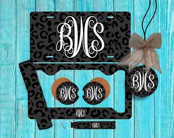 Dark Gray White Cheetah Leopard Personalized License Plate and Car Coasters, Personalized, Custom Tag, for women, Monogram