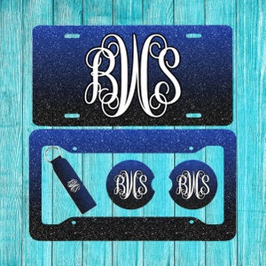 Blue and Black Ombre Glitter (effect) Personalized License Plate and Accessories, car tag, Custom Car Tag, Plates for women, Monogram