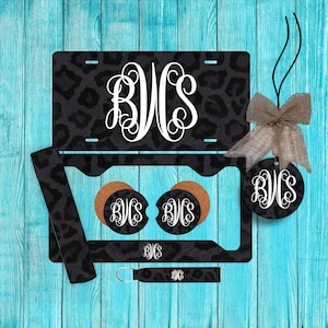 Dark Gray Cheetah Leopard White Personalized License Plate and Car Coasters, Personalized, Custom Car Tag, for women, monogram