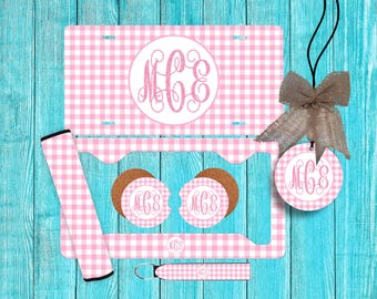 Pink Gingham Personalized License Plate and Car Coasters, Personalized, Custom Car Tag, for women, monogram