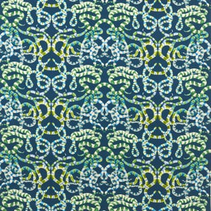May include: A repeating pattern of stylized snakes in shades of green, blue, and white against a dark blue background. The snakes are arranged in a symmetrical design, creating a visually complex and decorative textile pattern.