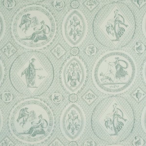 May include: A repeating pattern wallpaper with a light green background. The pattern features a series of circular and oval frames with intricate designs. The frames contain images of figures and floral motifs.