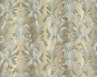 May include: A seamless pattern featuring a repeating design of ornate, silver-grey floral motifs on a beige background. The pattern is reminiscent of damask fabric.