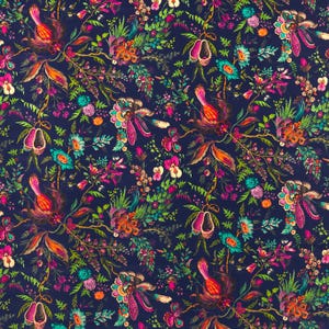 May include: A vibrant, detailed floral pattern on a navy blue background. The design features colorful flowers, leaves, and stylized birds in shades of orange, pink, green, and teal. The overall effect is a rich, botanical print.