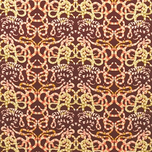 May include: A seamless pattern featuring a repeating design of intertwined snakes with red, yellow, and white stripes on a dark brown background.