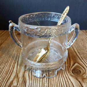 EAPG Antique Pressed Glass Handled Cup Spooner Basketweave Vines Band Pattern