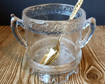 EAPG Antique Pressed Glass Handled Cup Spooner Basketweave Vines Band Pattern