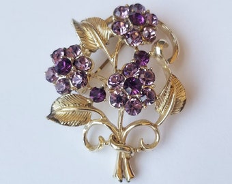 Vintage Purple Rhinestone Flower Bouquet Gold Tone Brooch