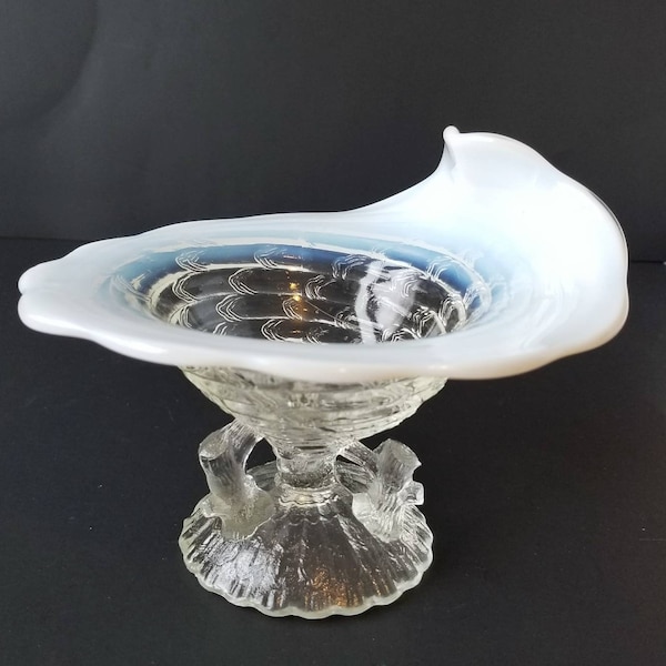 Compota de concha oceánica de vidrio Northwood antiguo de 1904, opalescente, brillo lunar, capricho